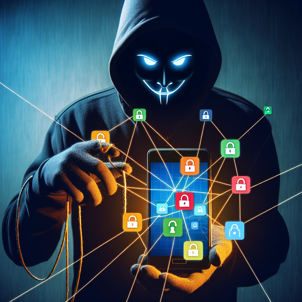 "Illustration of a hacker creating fake mobile apps to compromise devices, highlighting the risks of app security and mobile cybersecurity threats."